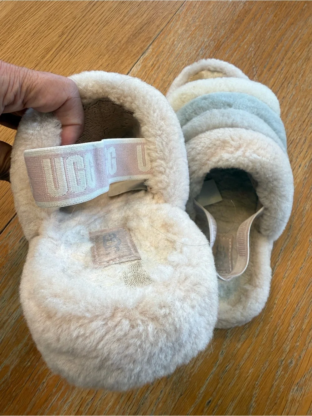 UGG Kids Plush Multi-Band Slide Sandals in Cream and Gray